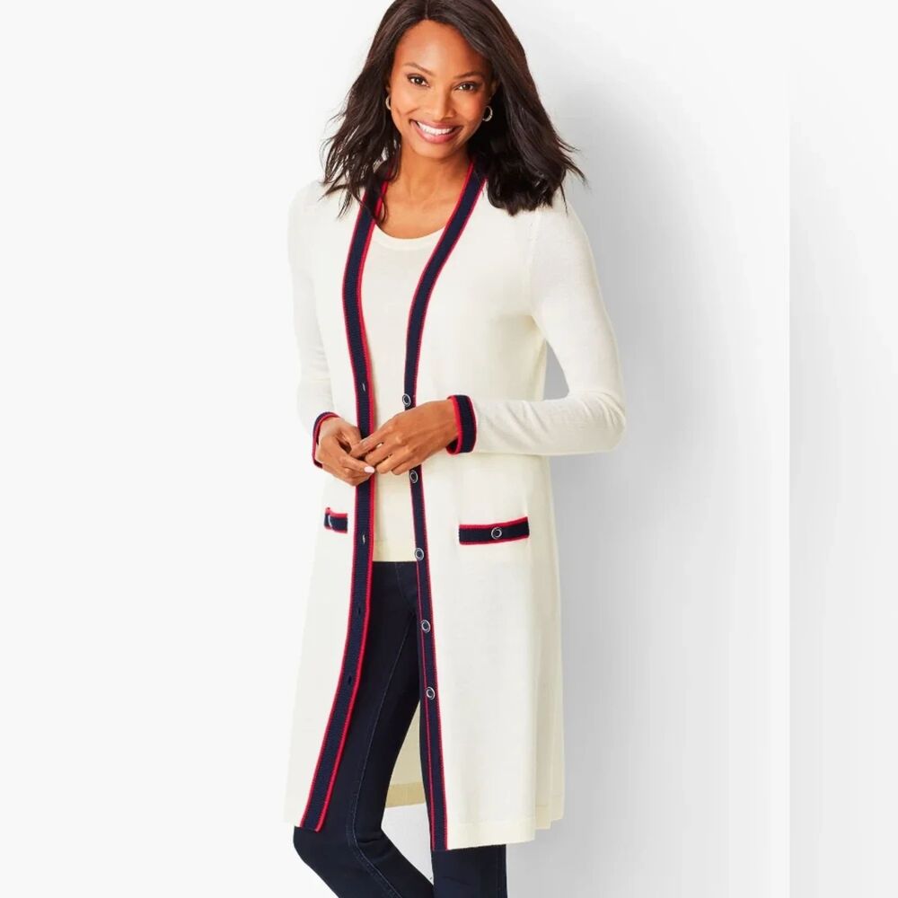 Talbots Long Line Merino Wool Cream Red Trim Cardigan Sweater Size Large